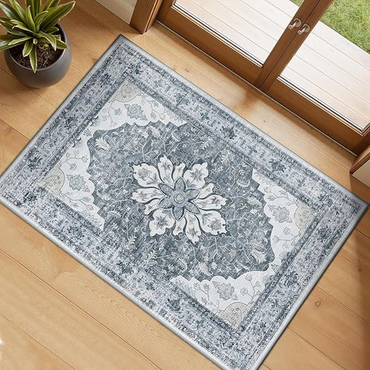 RELEANY Area Rugs Small 2'x3' Washable Non-Slip, Floral Vintage Distress Medallion Carpet for Kitchen Entryway Bathroom, Light Gray Grey White