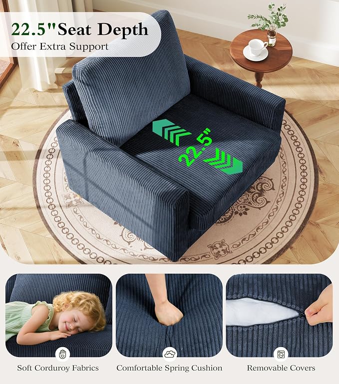 Kidirect 35.5in Oversized Accent Chair, Easy to Assemble Living Room Chairs, Corduroy Reading Chair for Bedroom, 22.5in Deeper Seats Accent Chairs for Living Room, Comfy Armchair Reading Nook, Navy