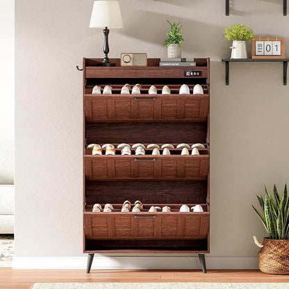 ChooChoo Shoe Storage Cabinet with 3 Flip Drawers, Deodorizing Shoe Organizer Storage for Entryway, Freestanding Hidden Slim Narrow Shoe Rack Cabinet, Walnut