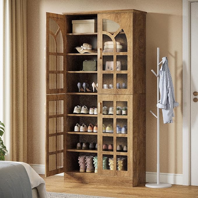 Tribesigns Tall Shoe Cabinet with Doors and Led Lights, 8-Tier Wooden Shoe Rack Organizer with Adjustable Shelves, Narrow Shoe Storage Cabinet for Entryway, Hallway, Living Room, Brown