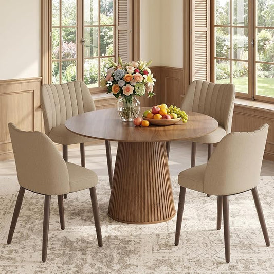 Upholstered Dining Chairs Set of 4, Modern Fabric Dining Chairs with Curved Backrest & Solid Rubber Wood Legs, Padded Kitchen Dining Room Chairs for Restaurant Cafe, Camel