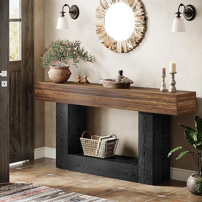 Tribesigns 63" Console Table, Farmhouse 2-Tier Entryway Table with U-Shaped Base, Narrow Long Wood Behind Couch Table for Living Room, Hallway, Foyer, Dark Brown & Black