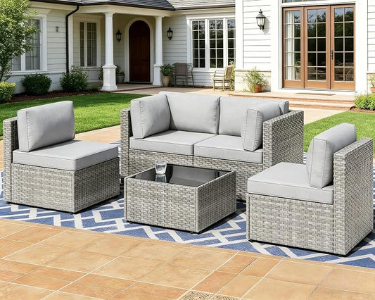 MOCHITO 5 Pieces Outdoor Patio Furniture Sets, All-Weather Sectional Sofa Grey PE Rattan Wicker Conversation Set with Glass Table and Washable Grey Cushions for Backyard,Sunroom,Garden,Porch