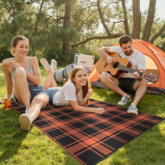 GENIMO Waterproof Outdoor Rug for Patio Clearance, 3'x5' Reversible Plastic Straw Rugs, Lightweight RV Camping Mat for Camper, Balcony, Deck, Backyard, Picnic, Black Orange Plaid