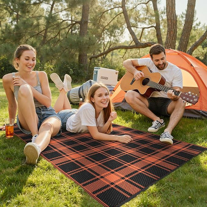 GENIMO Waterproof Outdoor Rug for Patio Clearance, 3'x5' Reversible Plastic Straw Rugs, Lightweight RV Camping Mat for Camper, Balcony, Deck, Backyard, Picnic, Black Orange Plaid