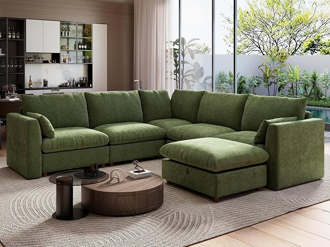 Ihanherry 111" Oversized Modular Sectional Sofa, Modern V Shaped Cloud Couch with Storage Ottoman, 6-Seat Comfy Chenille Deep Seat Sofa with 2 Pillows for Living Room, Green