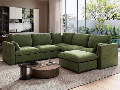 Ihanherry 111" Oversized Modular Sectional Sofa, Modern V Shaped Cloud Couch with Storage Ottoman, 6-Seat Comfy Chenille Deep Seat Sofa with 2 Pillows for Living Room, Green