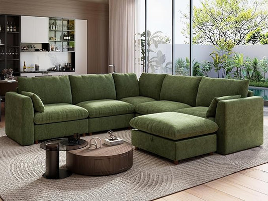 Ihanherry 111" Oversized Modular Sectional Sofa, Modern V Shaped Cloud Couch with Storage Ottoman, 6-Seat Comfy Chenille Deep Seat Sofa with 2 Pillows for Living Room, Green