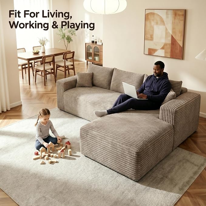 JINGLING 94" L Shape Couch with Right Chaise, Memory Foam Boneless Sectional Sofa in a Box, No Assembly Modular Small Couches for Small Spaces, Living Room, Apartments, Plush Corduroy, Camel