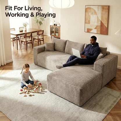 JINGLING 94" L Shape Couch with Right Chaise, Memory Foam Boneless Sectional Sofa in a Box, No Assembly Modular Small Couches for Small Spaces, Living Room, Apartments, Plush Corduroy, Camel