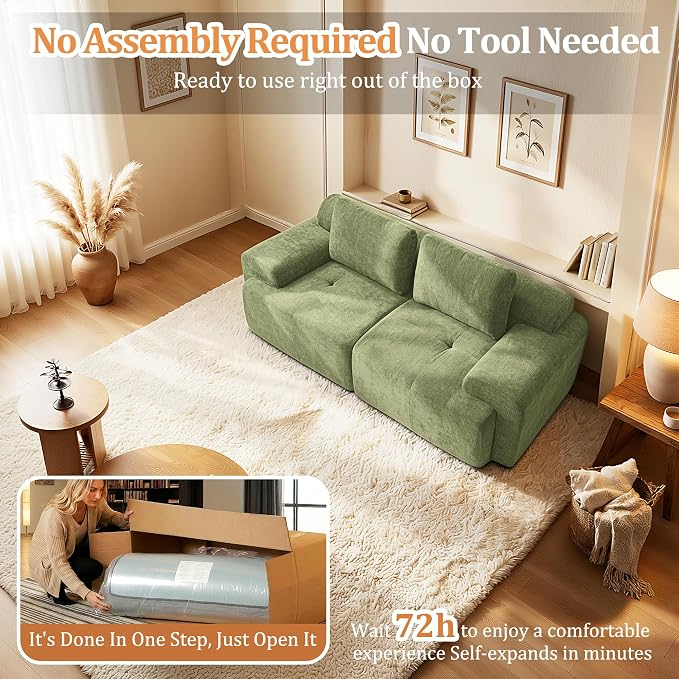 85" Oversized Boneless Couch, Comfort Cloud Sectional Couches for Living Room, Modular Sofa High Back & Extra Deep Seat, No Assembly, Soft Chenille Fabric (Olive Green, 85 inch- Shaped（2+0）)