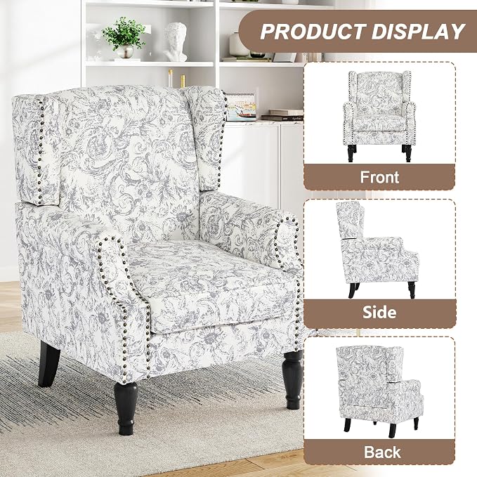 Pia Ricco High Back Floral Accent Chair - Retro Wingback Upholstered Armchair with Nailhead Trim, Solid Wood Legs, Fabric Living Room Bedroom Reading Chair (Rococo Light Gray)