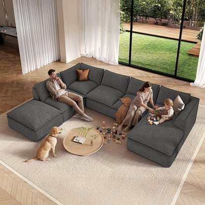 Vesgantti 141.7" U Shaped Boneless Sectional Couch, Modern 6 Seater Modular Sofa with Chaise & Ottoman, Deep Seat Corduroy Cloud Couches for Living Room, No Assembly Required, Dark Gray
