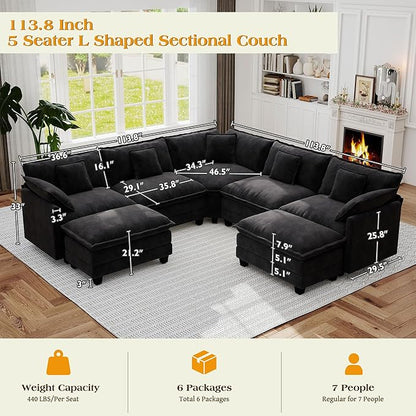 113.8" Modular Sectional Sofa,Cloud Couch for Living Room,Modern Deep Seat Sofa 5 Seater Chenille Fabric Comfy L Shaped Couches with Throw Pillows & Movable Ottoman for Apartment