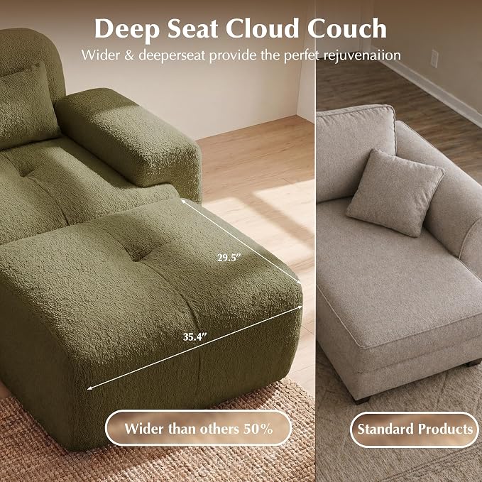 118'' Modular Sectional Cloud Couch Boneless Couches, Oversize Curved Sectional Couches for Living Room, Deep Seat Couch Lambswool Sofa with Ottoman & Throw Pillows, No Assembly, HR Foam