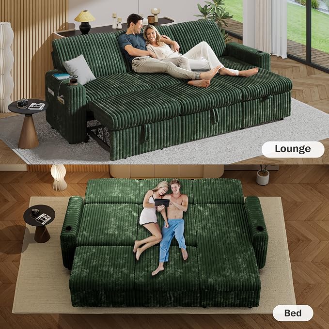 Sunny Heart 101" Plush Corduroy L Shaped Sectional Sleeper Sofa Bed with Pull Out Bed, Reclining Backrest, Reversible Storage Chaise, USB Ports, Cup Holders, Tool Free Assembly,Forest Green