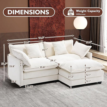 Ihanherry 77" L Shaped Modern Sofa Modular Sectional Cloud Couch with Ottoman, 3-Seat Chenille Deep Seat Sofa with Pillow for Living Room, Bedroom and Apartment, Beige