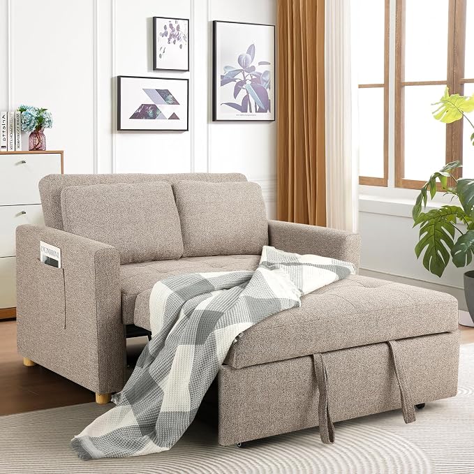 SEJOV 3-in-1 Convertible Sofa Bed, Linen Fabric Sleeper Couch Pull Out Bed, 49" 2-Seater Loveseat Futon Sofa with Spring Support, Adjustable Backrest and Pillows for Small Spaces, Living Room