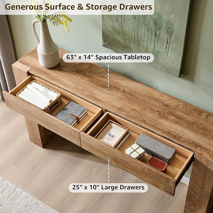 OKD Modern Entryway Console Table, Sofa Table with Drawers, 63" Long Hall Table Behind Couch, Thick Wood Design for Living Room, Hallway - Light Knotty Oak