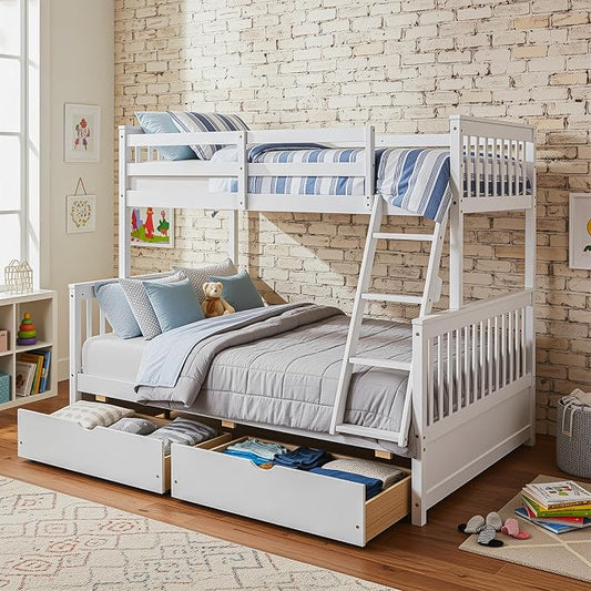 Merax Wood Bunk Bed with Drawers,Convertible Wood Bunk Bed with Ladders and Two Storage Drawers,Solid Wood Detachable Bed Frame with Ladders,Twin Over Full Size,White