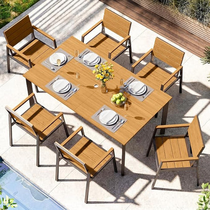 Outdoor Dining Set, Aluminum Patio HDPS Outdooor Table and Chairs Set with Umbrella Hole, All Weather Patio Furniture Set, Patio Dining Table Set ,Gray & Teak ,7 Pieces