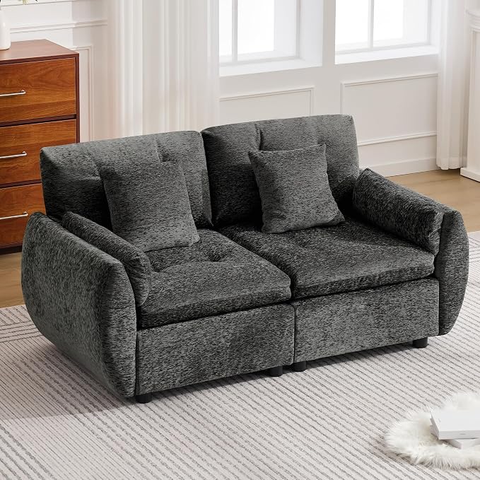 57" Modular Loveseat Cloud Sofa, Deep Seat Tufted Chenille Sectional Love Seat Couch with Curved Arms, 2-Seater Couches for Living Room, Dark Grey