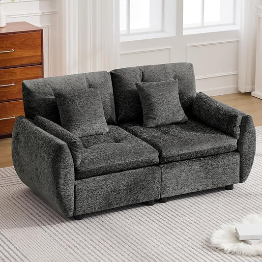 57" Modular Loveseat Cloud Sofa, Deep Seat Tufted Chenille Sectional Love Seat Couch with Curved Arms, 2-Seater Couches for Living Room, Dark Grey
