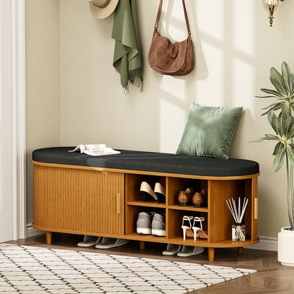 DHH 2-Tier Storage Bench,Wide Shoe Bench with Thickened Padded Seat Cushion, Mid Century Modern Fluted Sliding Door and Adjustable Shelf, for Entryway, Living Room, Bedroom (Yellow Walnut, 51.2”)