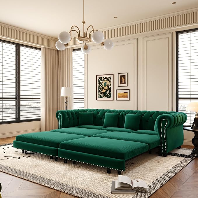 89" Velvet Pull Out Couch Bed - 3-in-1 Convertible Sleeper Sofa with Ottoman, Button Tufted Chesterfield Sofa, King Size Pull Out Sofa Bed, Space Saving for Small Spaces Apartments, Living Room,Green