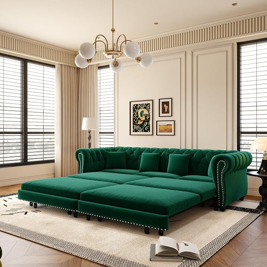 89" Velvet Pull Out Couch Bed - 3-in-1 Convertible Sleeper Sofa with Ottoman, Button Tufted Chesterfield Sofa, King Size Pull Out Sofa Bed, Space Saving for Small Spaces Apartments, Living Room,Green