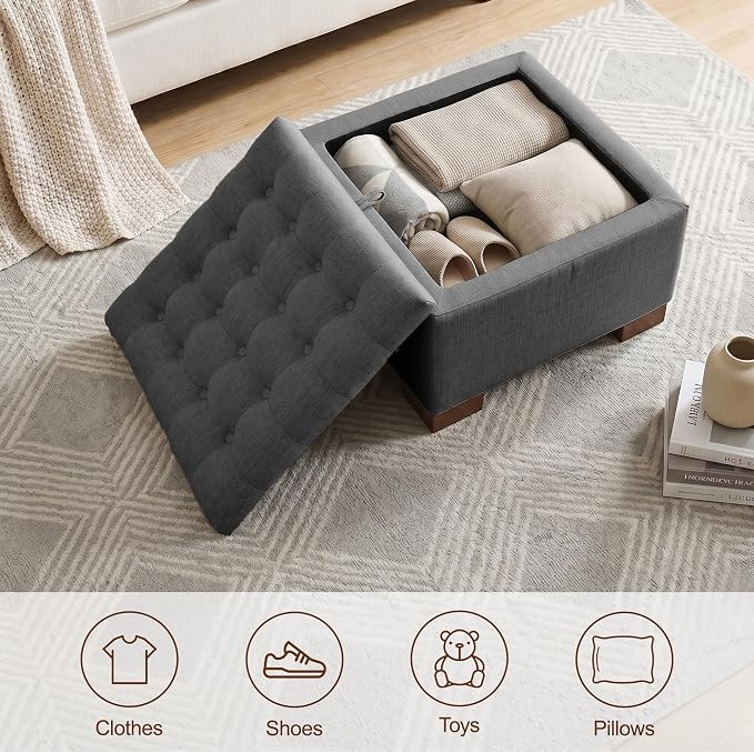 24 Inch Square Storage Ottoman Coffee Table, Modern Tufted Upholstered Ottoman with Flip Tray and Solid Wood Legs, Suitable for Living Rooms, Linen Grey