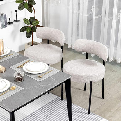 DYHOME Light Grey Boucle Dining Chairs Set of 2, Mid Century Modern Upholstered Kitchen Chairs with Curved Backrest and Black Metal Legs