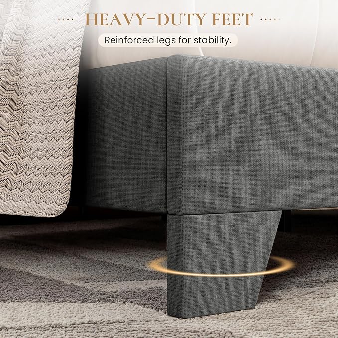 SHA CERLIN Linen Upholstered Queen Size Bed Frame with Headboard, Dark Gray | Adjustable Low-Profile Platform Bed, Minimalist Design, Stable Mattress Foundation, Strong Back-Support, No Box Spring Needed