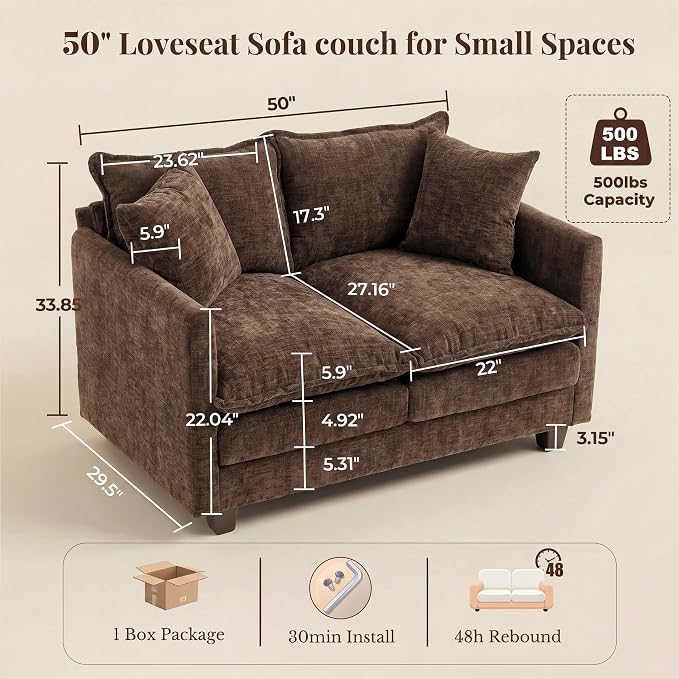 Loveseat Sofa with Cloud 3-Layer Cushion & 27" Deep Seat, Modern Love Seat Small Couch with 2 Washable Pillows for Small Spaces, Bedroom, Apartment, Office, Living Room, in a Box, 50-Inch Cocoa Brown