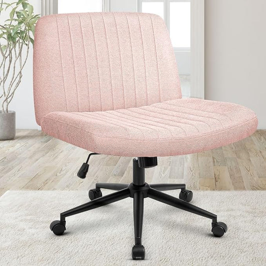 Orange Factory Criss Cross Chair Wheels Wide Cross Legged Office Desk Vanity Dual Base Comfy Fabric Armless Adjustable Swivel for Home Computer Task (Pink Dual Base, Fabric)