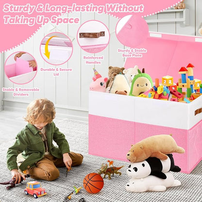 Mabahoo Large Toy Box, Collapsible Sturdy Storage Organize Chest Boxes With Lids, 25"x13"x16" Kids Toy Chest Bin Baskets for Living Room, Bedroom, Nursery, White & Pink
