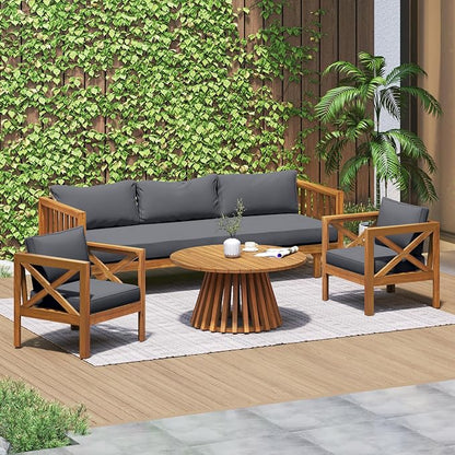 Merax Outdoor 4-Piece Acacia Wood Conversation Set - Patio 3-Seat Loveseat Sofa Daybed with Cushion, 2 Armchair and Round Coffee Table for Backyard, Lawn, Balcony, Teak+Dark Gray