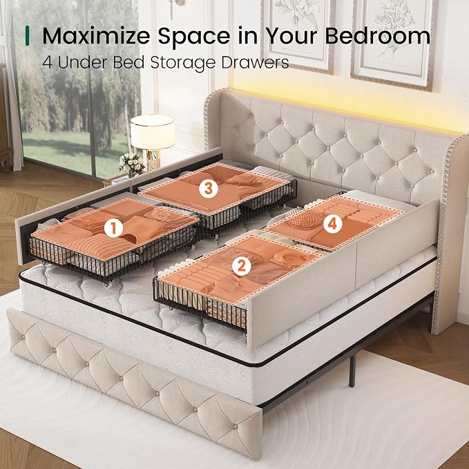 LARMACE Queen Size Bed Frame with LED Lights and 4 Storage Drawers Linen Upholstered Platform Bed Frame with 47.2" Tall Tufted Headboard Wingback, No Box Spring Needed, Easy to Assemble, Beige