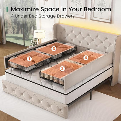 LARMACE Queen Size Bed Frame with LED Lights and 4 Storage Drawers Linen Upholstered Platform Bed Frame with 47.2" Tall Tufted Headboard Wingback, No Box Spring Needed, Easy to Assemble, Beige