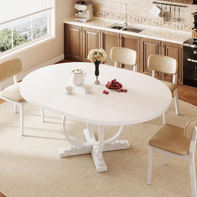 iPormis 59'' Extendable Round Dining Table for 4 to 6, Kitchen Table with Sturdy X-Base Metal Legs, MDF Board with Backboard Clasp, Space Saving, Easy Assembly, Kitchen, Dining Room, White