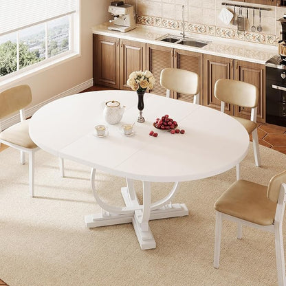 iPormis 59'' Extendable Round Dining Table for 4 to 6, Kitchen Table with Sturdy X-Base Metal Legs, MDF Board with Backboard Clasp, Space Saving, Easy Assembly, Kitchen, Dining Room, White