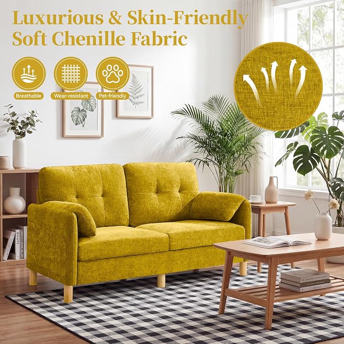 65" Loveseat Sofa, Mid Century Loveseat Couch for Living Room with Storage Pockets, Upholstered Small Loveseat for Small Spaces, Bedroom, Home Office, Apartments, Small Sofa Chenille Yellow