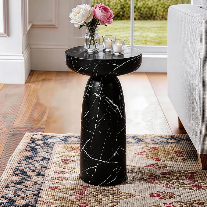 Marble Side Table, 24" Modern Faux Stone Accent Coffee Table | Durable Faux Marble Look Table for Small Spaces. Modern Pedestal Drink Table for Living room, Patio or Balcony.