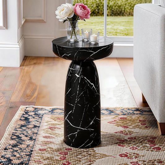 Marble Side Table, 24" Modern Faux Stone Accent Coffee Table | Durable Faux Marble Look Table for Small Spaces. Modern Pedestal Drink Table for Living room, Patio or Balcony.