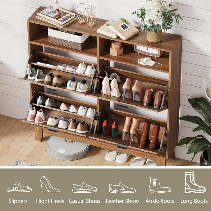 Shoe Cabinet Storage for Entryway with 4 Flip Drawers, Fluted Narrow Shoe Organizer with Wooden Legs & Top Cubby, Freestanding Slim Shoe Storage Hidden Shoe Rack for Front Door Entrance, Walnut