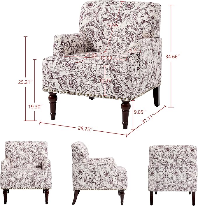 Accent Chair, Mid Century Modern Comfy Armchair for Living Room, Linen Fabric Single Sofa Lounge for Reading Bedroom Apartment Waiting Room with Wood Legs (Rococo Plum, Set of 1)