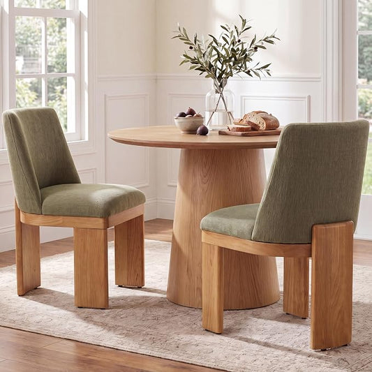 RIVOVA Upholstered Dining Chairs Set of 2, Modern Wooden Dining Room Chair Linen Fabric Kitchen Chairs Farmhouse Dinner Chair, Green