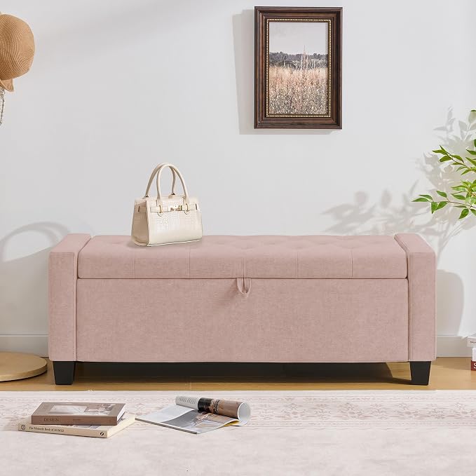 Huatean Home 43" Ottoman with Storage, Pink Storage Ottoman Bench with Safety Hinge, Upholstered Entryway Bench with Seating for Bedroom, Living Room, Holds up to 330 lb