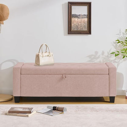 Huatean Home 43" Ottoman with Storage, Pink Storage Ottoman Bench with Safety Hinge, Upholstered Entryway Bench with Seating for Bedroom, Living Room, Holds up to 330 lb
