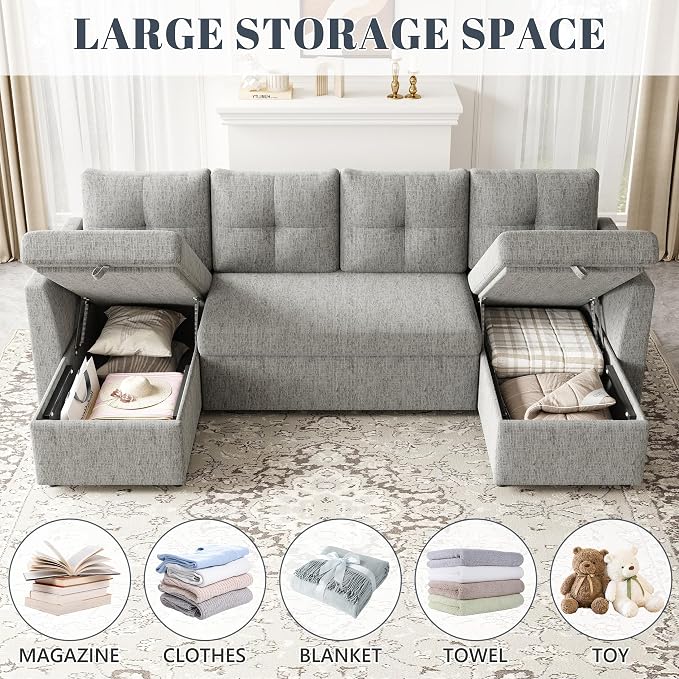 Huatean Home Oversized Pullout Couch Bed, 110 inch 2 in 1 Sleeper Sofa Couch for Living Room, Sectional Sleeper Sofa Bed with Double Storage Chaise, Side Pockets, Light Grey
